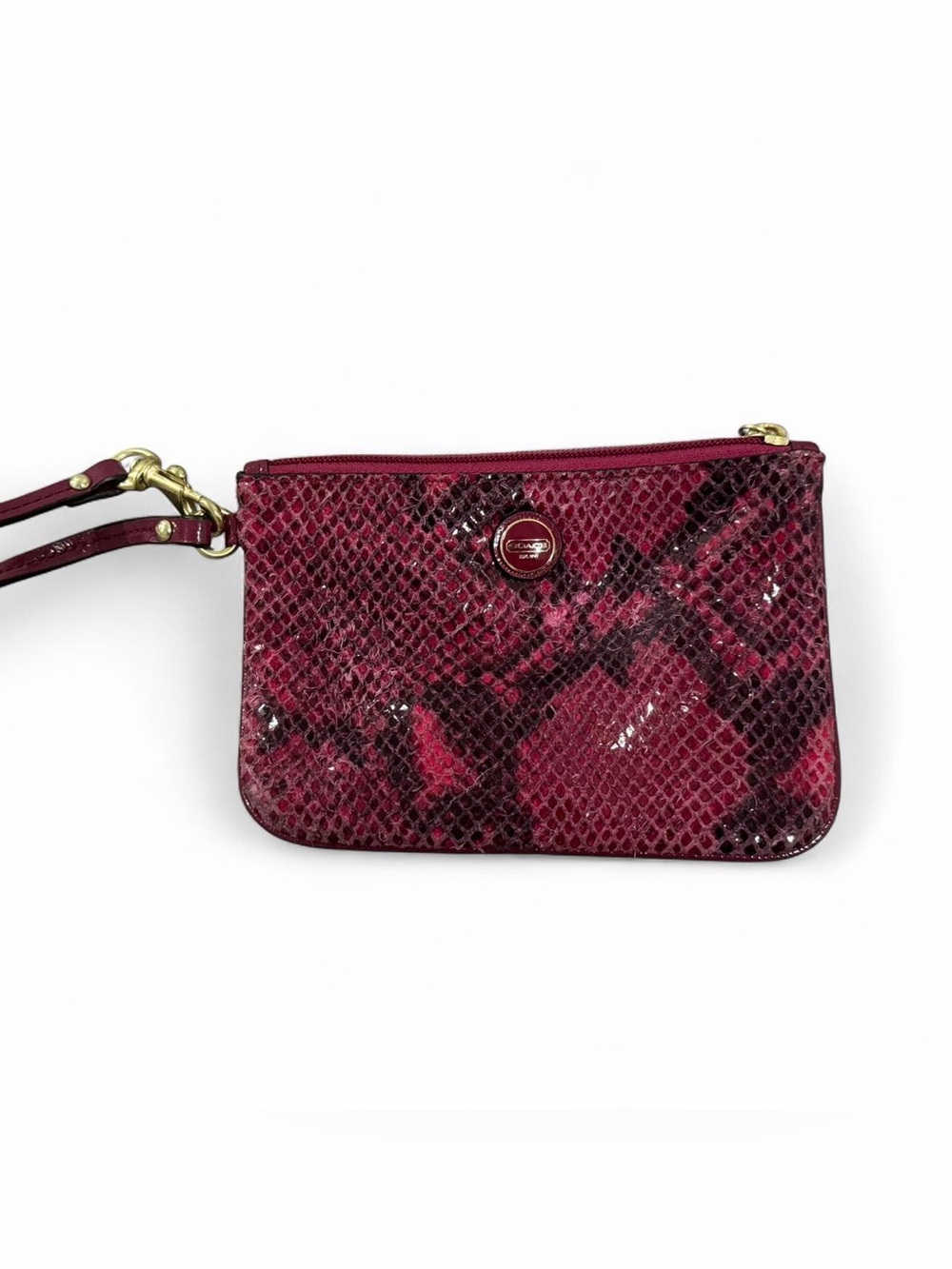 Coach Raspberry Snake-Print Wristlet with Gold Hardware